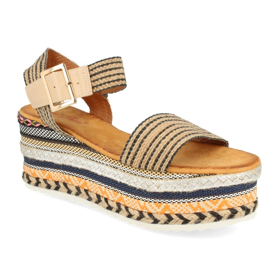 Sandalia con plataforma de yute con trenzados geométricos multicolor - Naranja