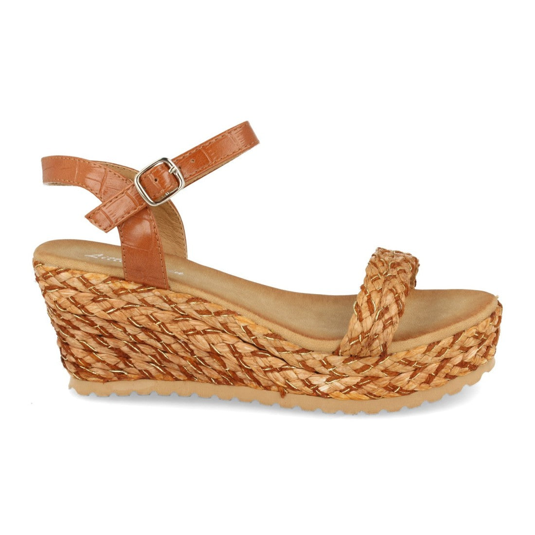 Sandalias ankle strap de mujer con cuña forrada de rafia