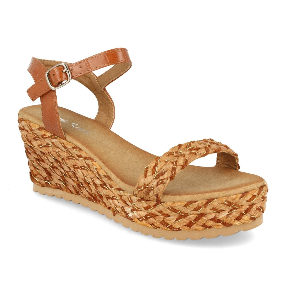 Sandalias ankle strap de mujer con cuña forrada de rafia