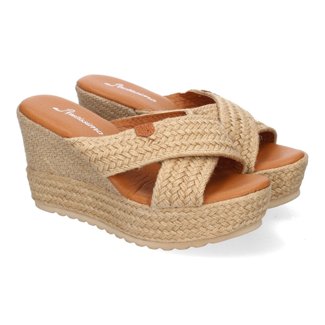 Sandalia de cuña de yute de mujer con tiras cruzadas en la pala - Beige