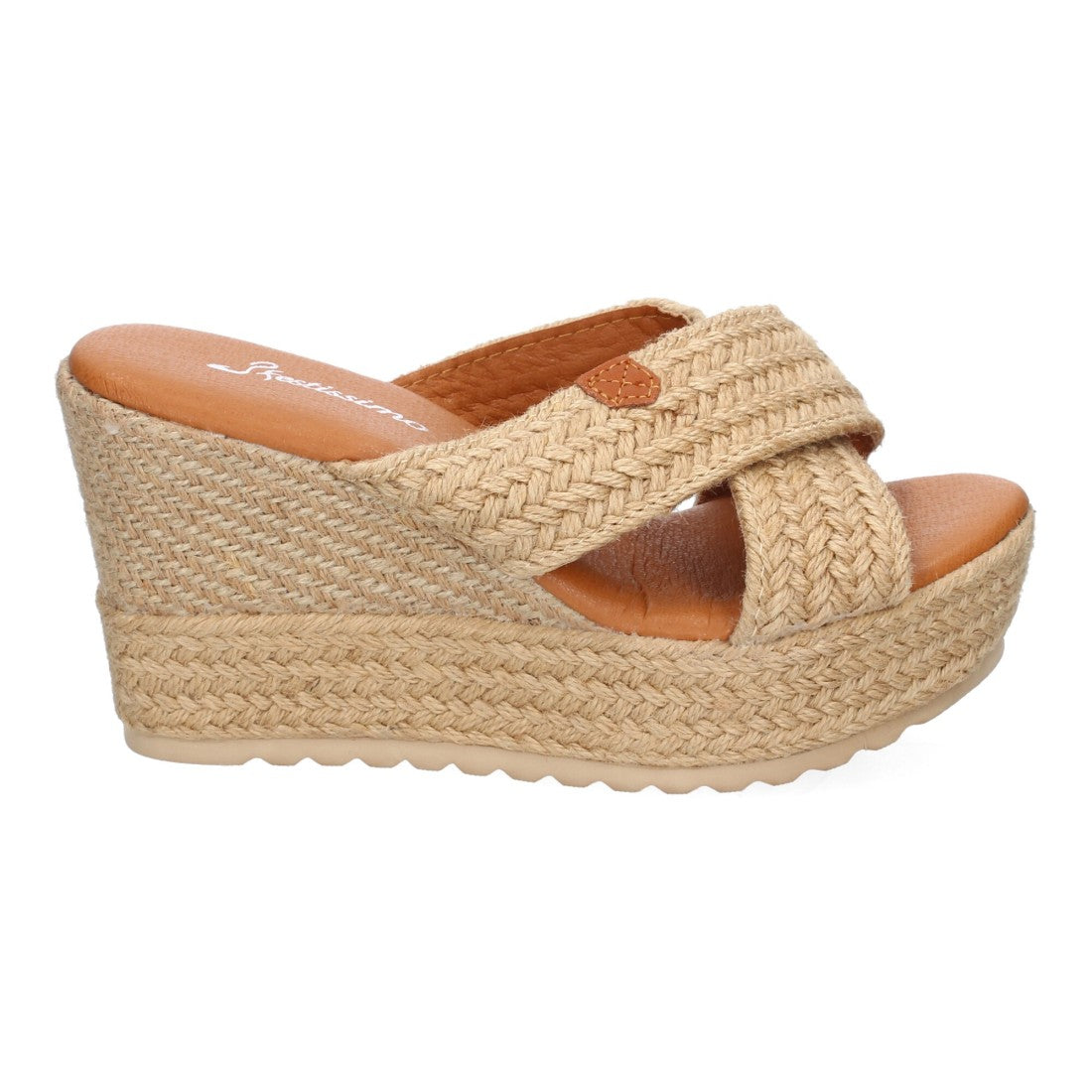 Sandalia de cuña de yute de mujer con tiras cruzadas en la pala - Beige