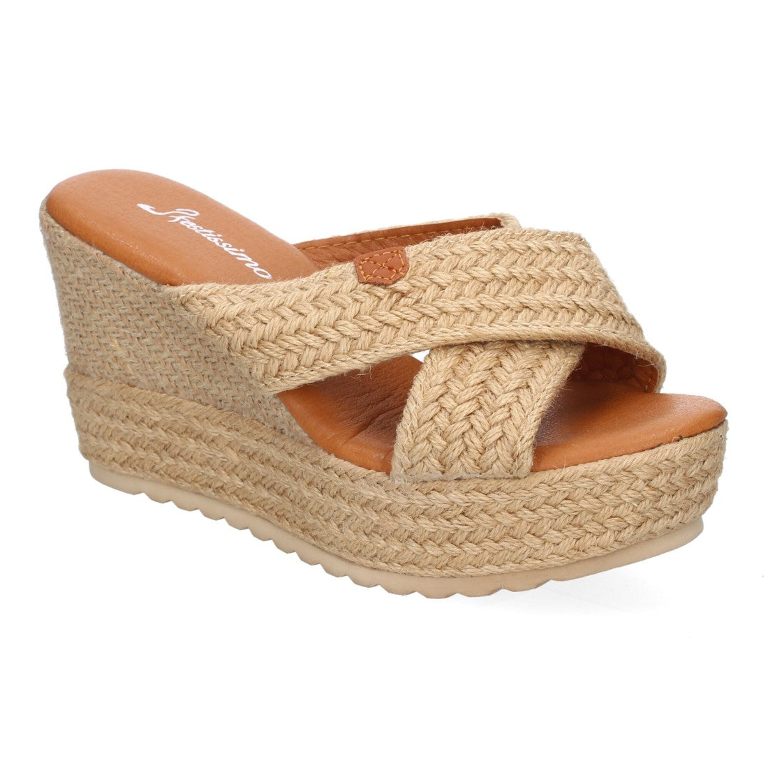Sandalia de cuña de yute de mujer con tiras cruzadas en la pala - Beige