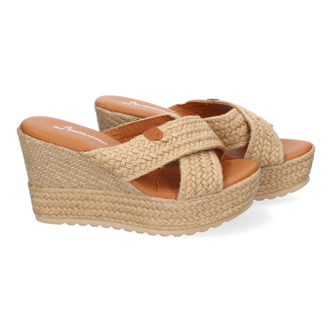 Sandalia de cuña de yute de mujer con tiras cruzadas en la pala - Beige