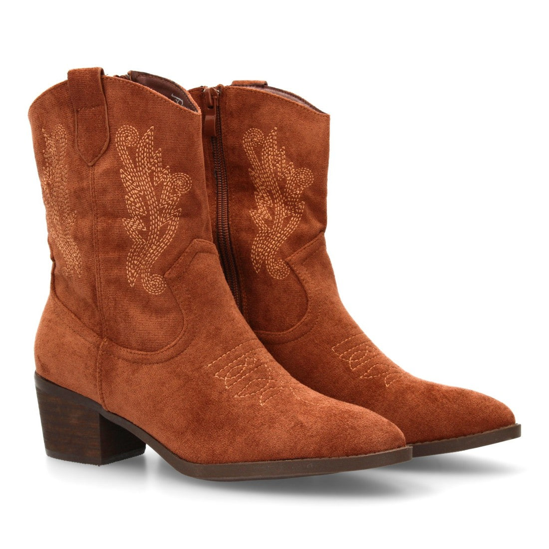 Bota cowboy de caña media de mujer con bordados laterales y punta fina - Marrón (Ref. YG875)