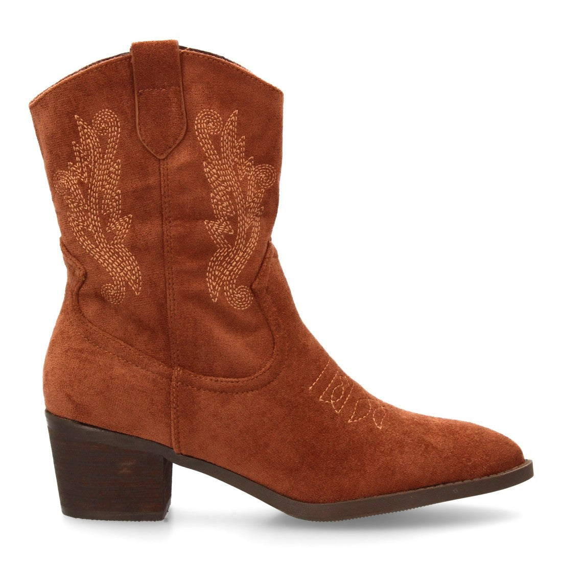 Bota cowboy de caña media de mujer con bordados laterales y punta fina - Marrón (Ref. YG875)