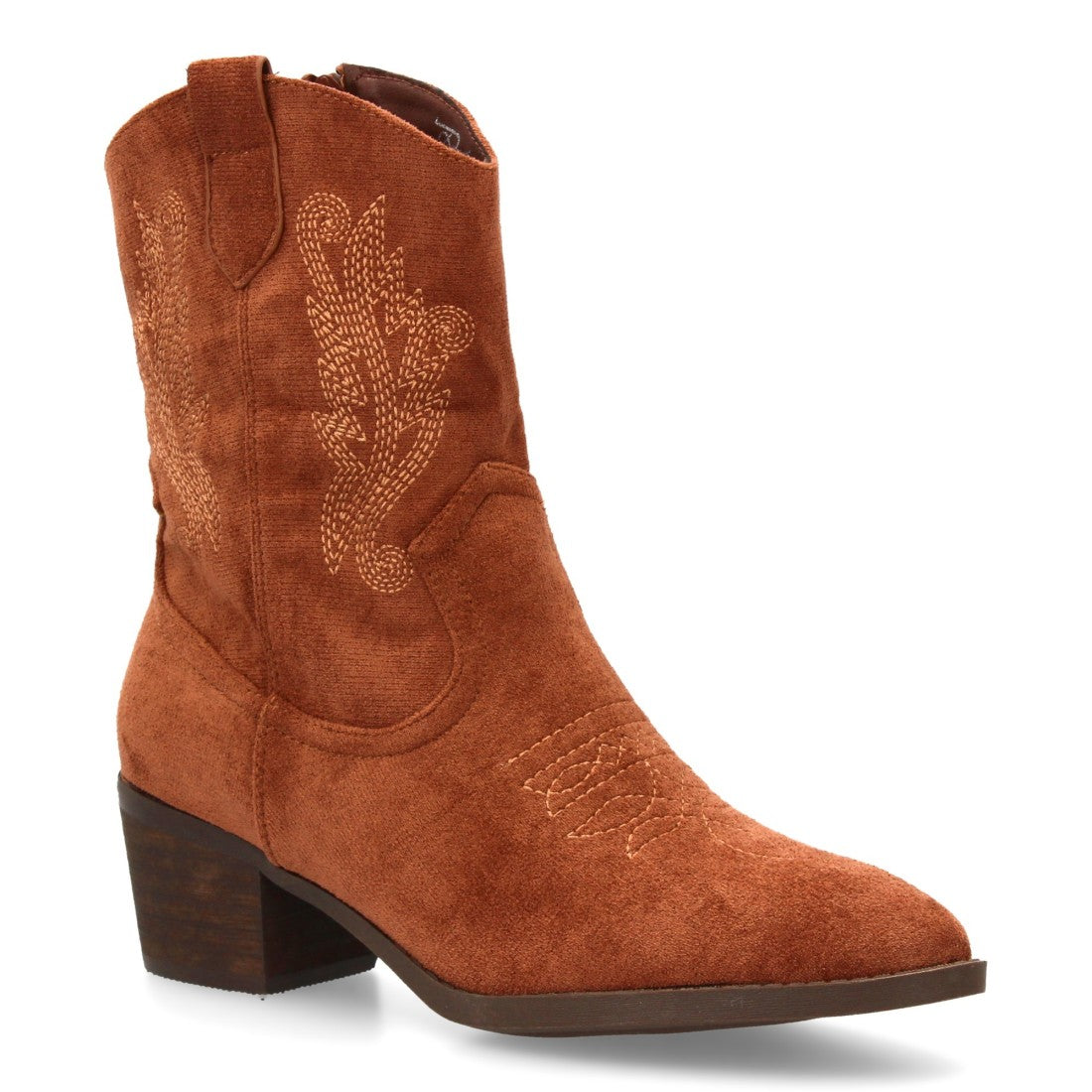 Bota cowboy de caña media de mujer con bordados laterales y punta fina - Marrón (Ref. YG875)