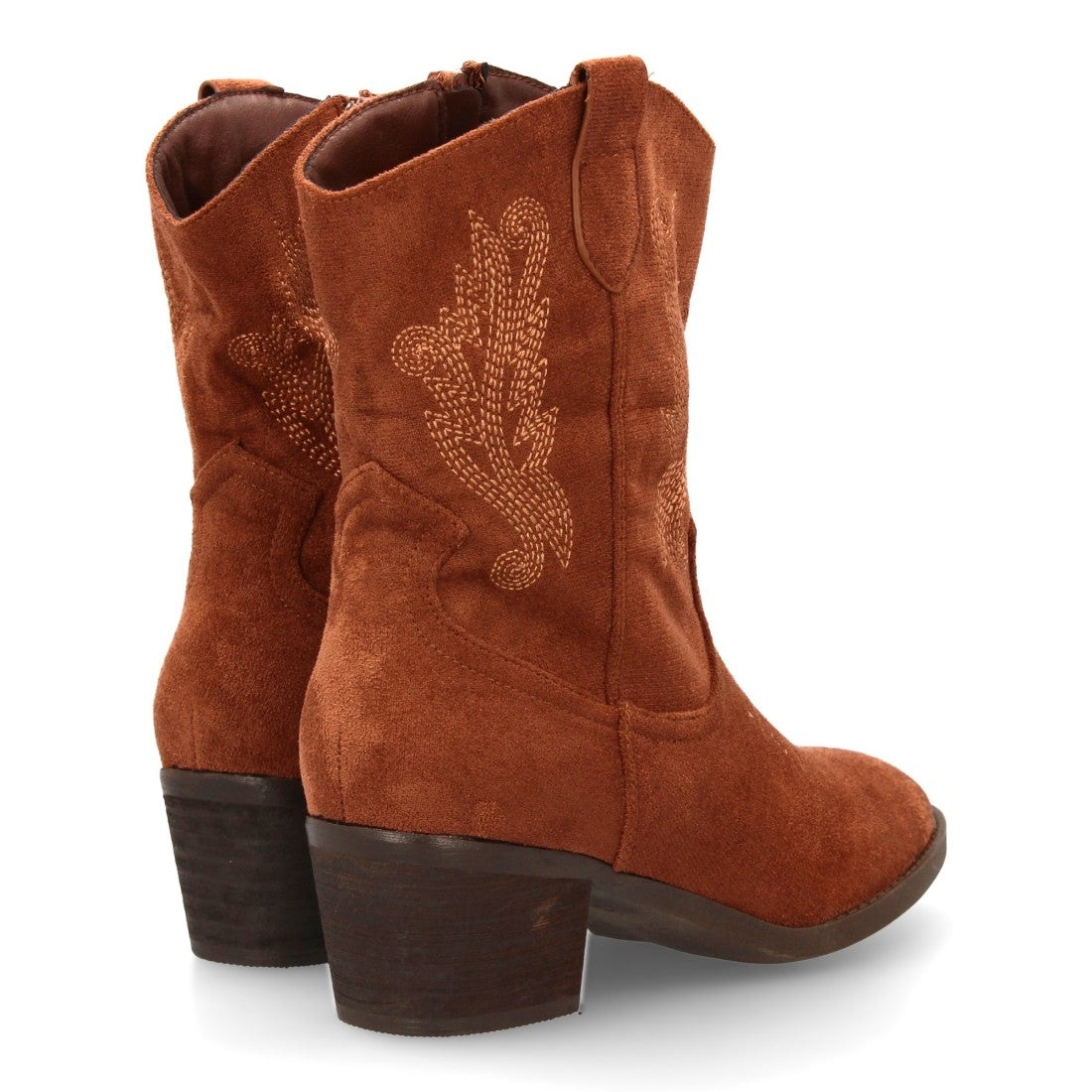 Bota cowboy de caña media de mujer con bordados laterales y punta fina - Marrón (Ref. YG875)
