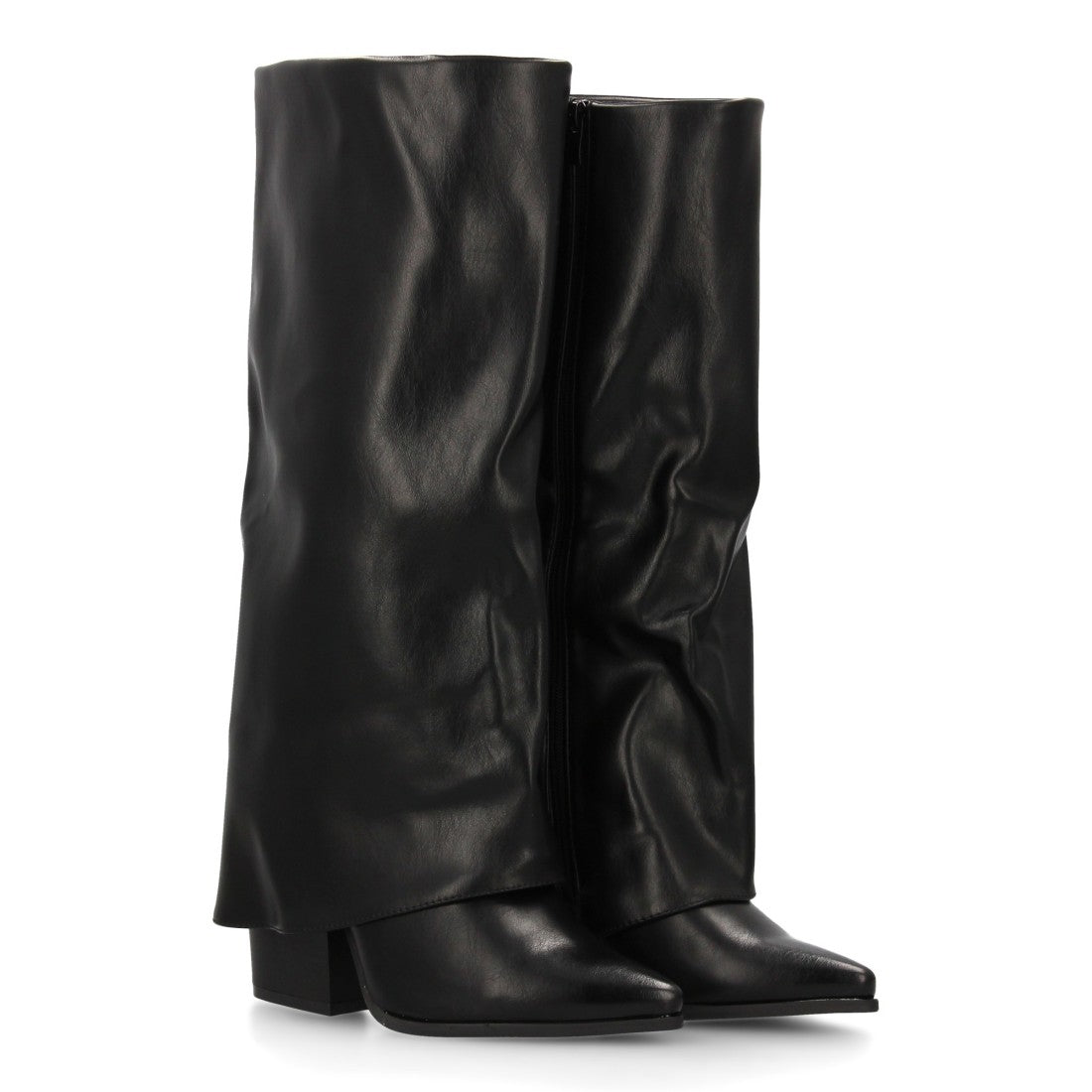 Bota alta de tacón de mujer con punta fina y tacón ancho bajo - Negro