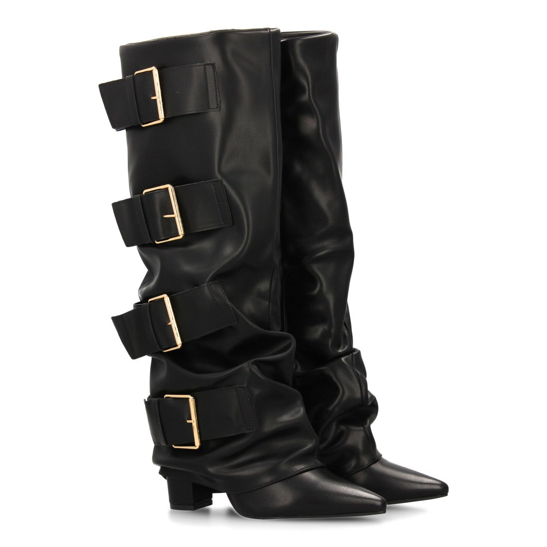 Botas altas de mujer con hebillas y efecto de forro - Negro