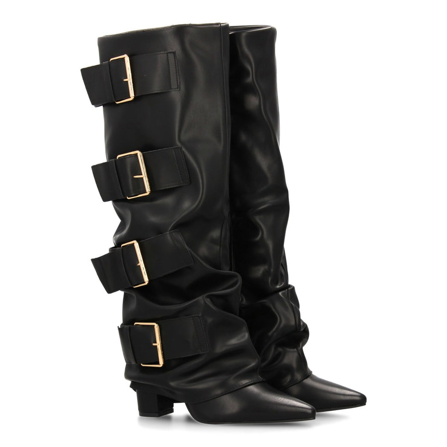 Botas altas de mujer con hebillas y efecto de forro - Negro
