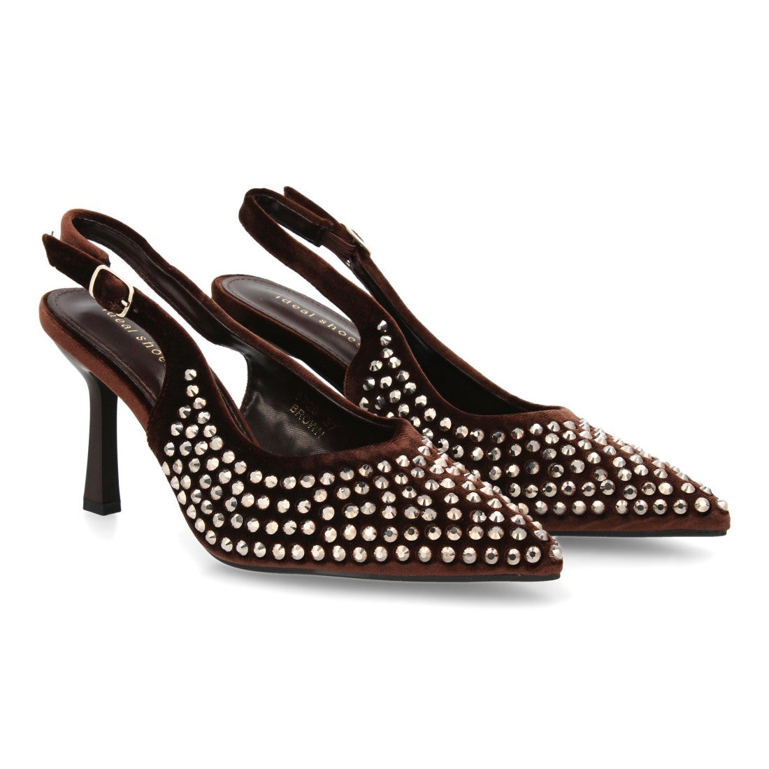 Zapatos de salón elegante de mujer con punta fina y pedreria - Marrón