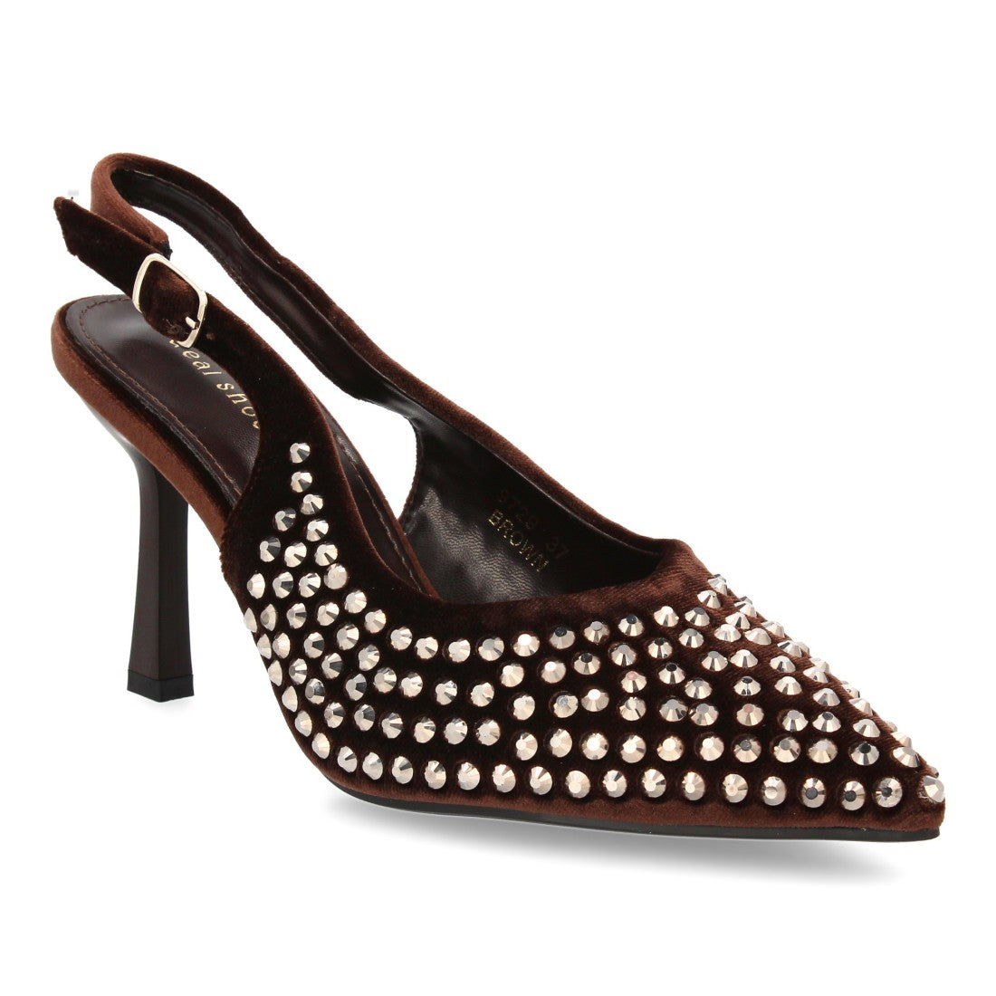 Zapatos de salón elegante de mujer con punta fina y pedreria - Marrón