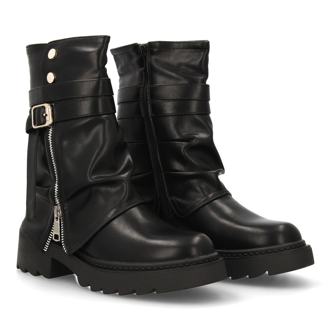 Botín motero de mujer con cremallera lateral decorativa - Negro