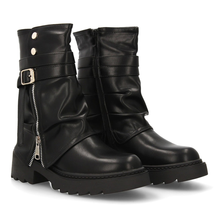 Botín motero de mujer con cremallera lateral decorativa - Negro