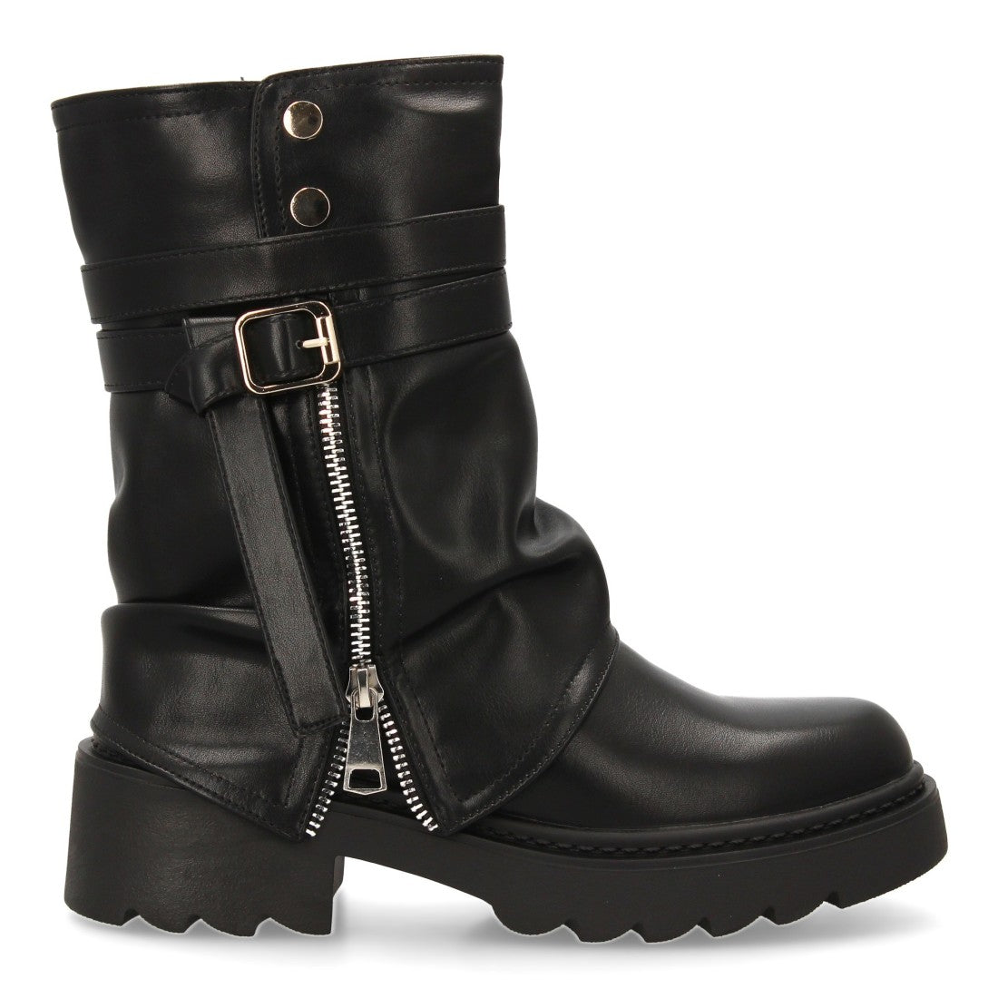 Botín motero de mujer con cremallera lateral decorativa - Negro