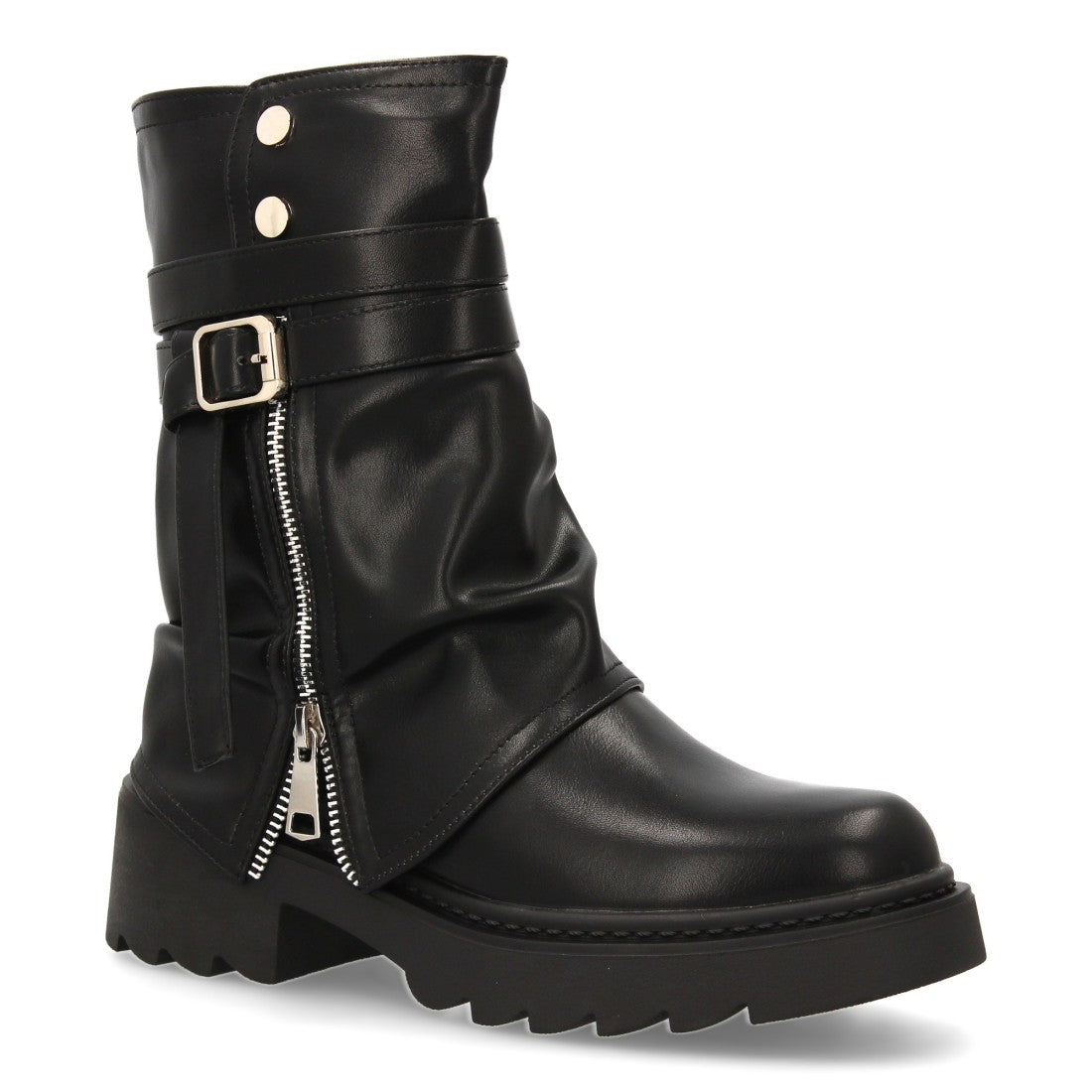 Botín motero de mujer con cremallera lateral decorativa - Negro