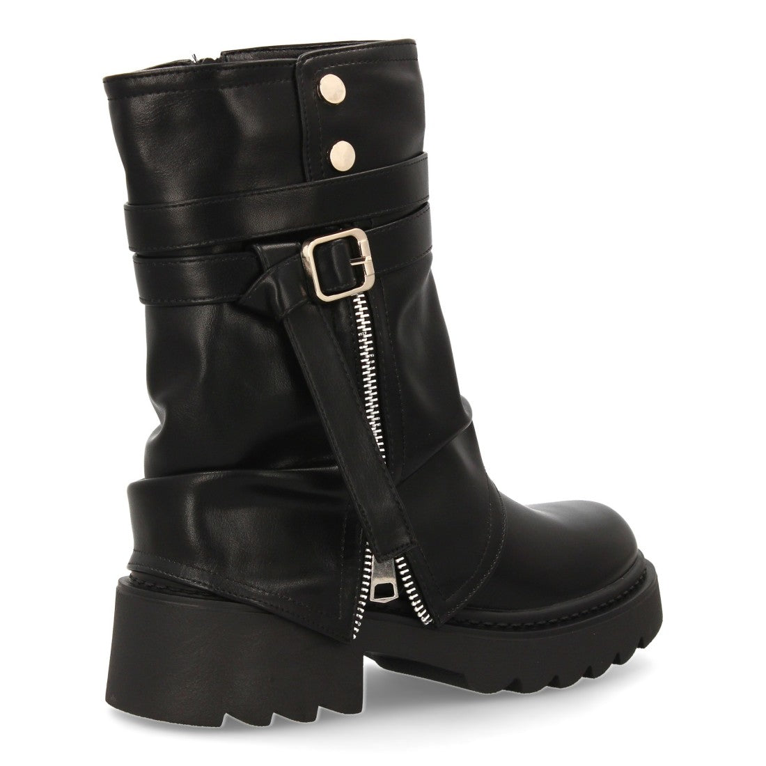 Botín motero de mujer con cremallera lateral decorativa - Negro