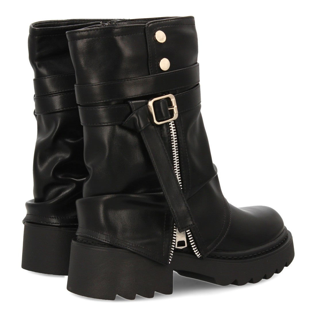 Botín motero de mujer con cremallera lateral decorativa - Negro