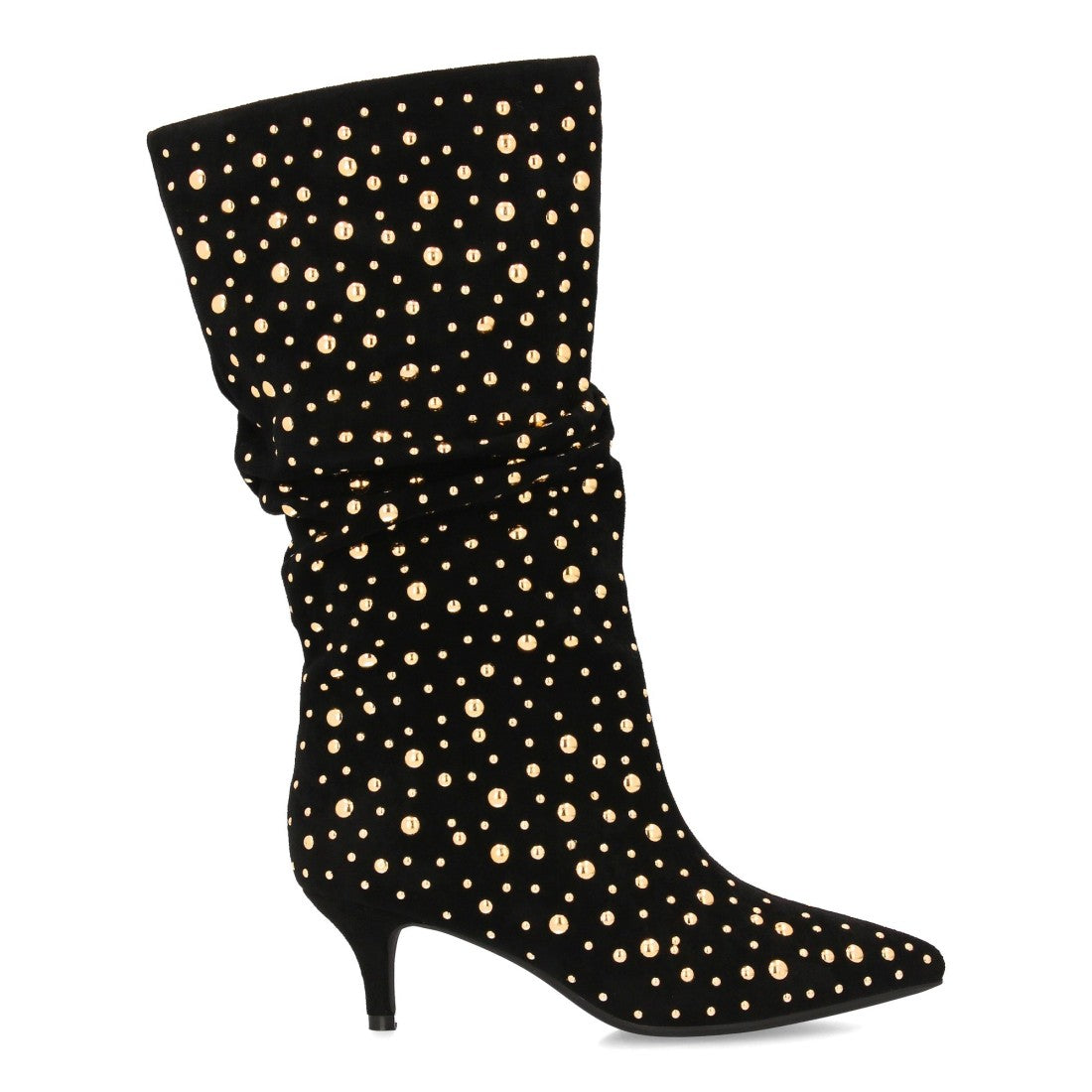 Bota de caña arrugada decorada de mujer con tacón fino