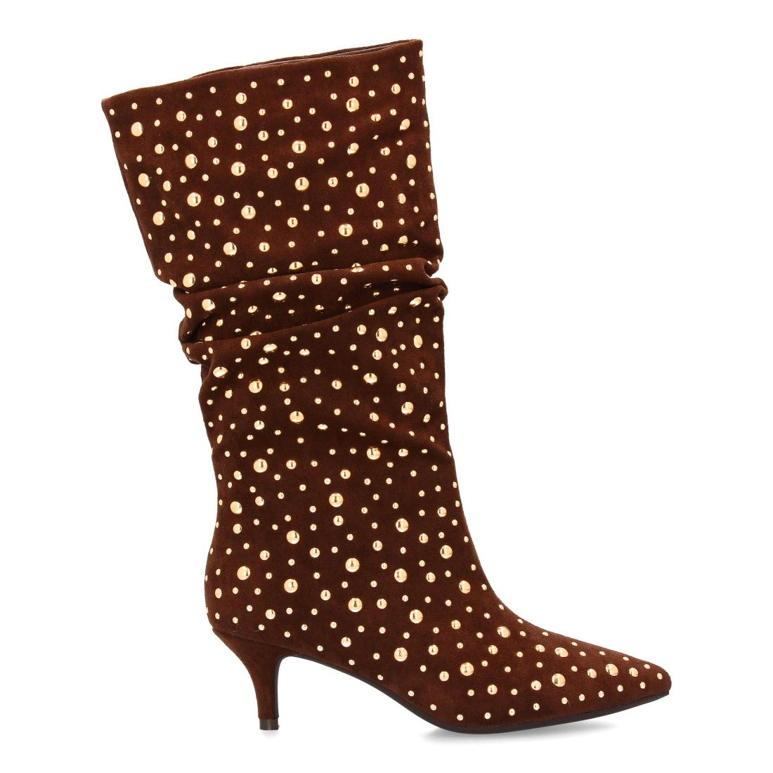 Bota de caña arrugada decorada de mujer con tacón fino
