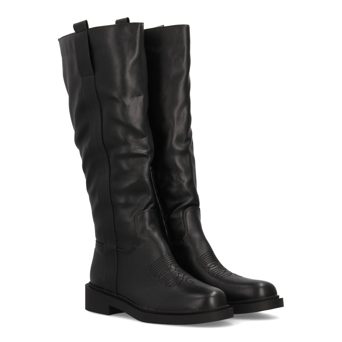 Bota alta de mujer con inspiración cowboy y detalle de bordado frontal - Negro