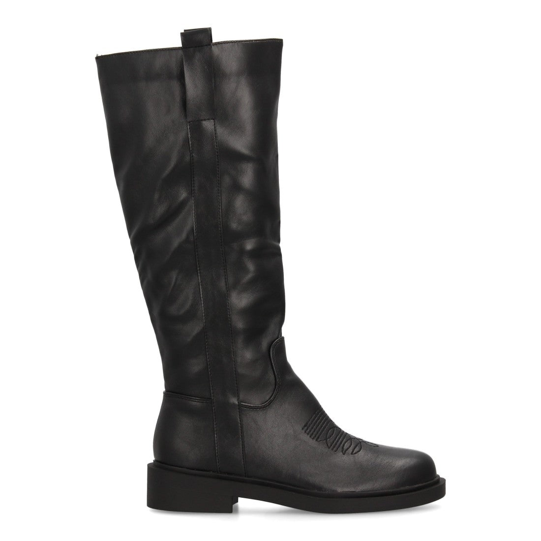 Bota alta de mujer con inspiración cowboy y detalle de bordado frontal - Negro