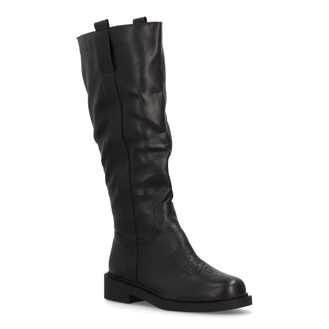 Bota alta de mujer con inspiración cowboy y detalle de bordado frontal - Negro