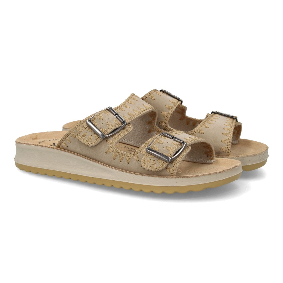 Sandalia anatómica de mujer con estampado liso y costuras bordadas