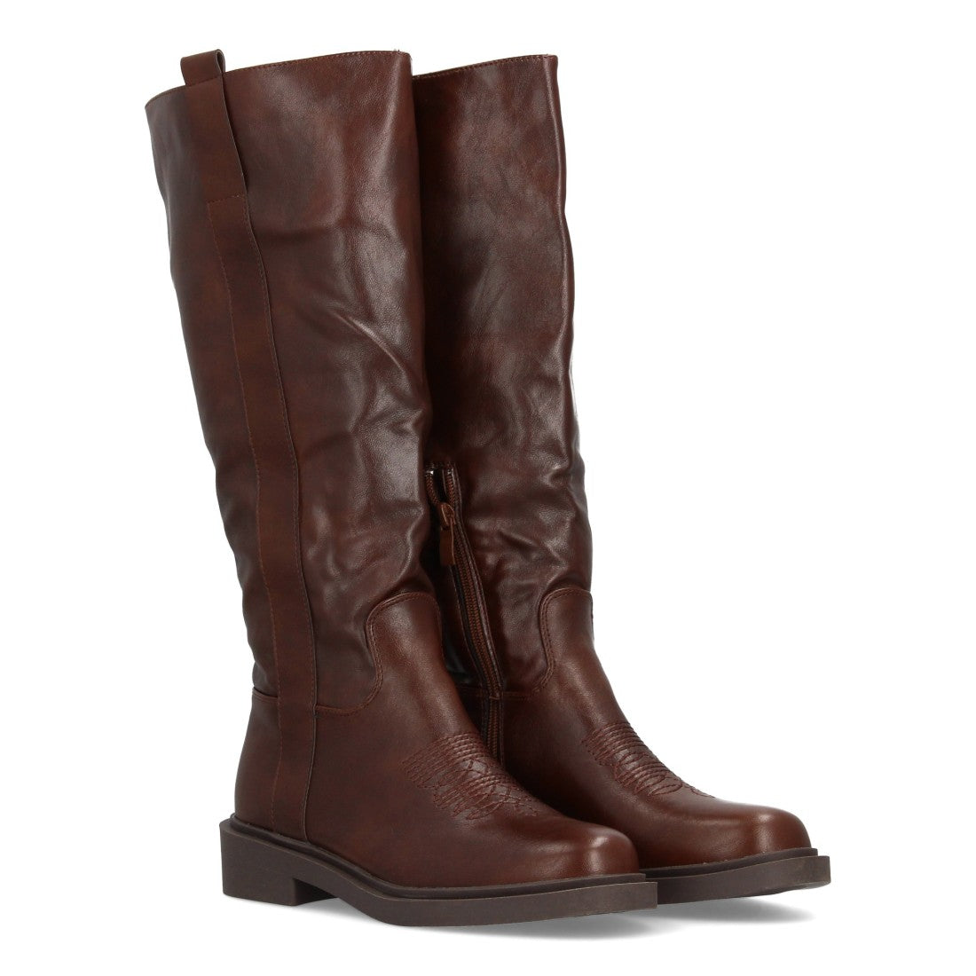 Bota alta de mujer con inspiración cowboy y detalle de bordado frontal - Café