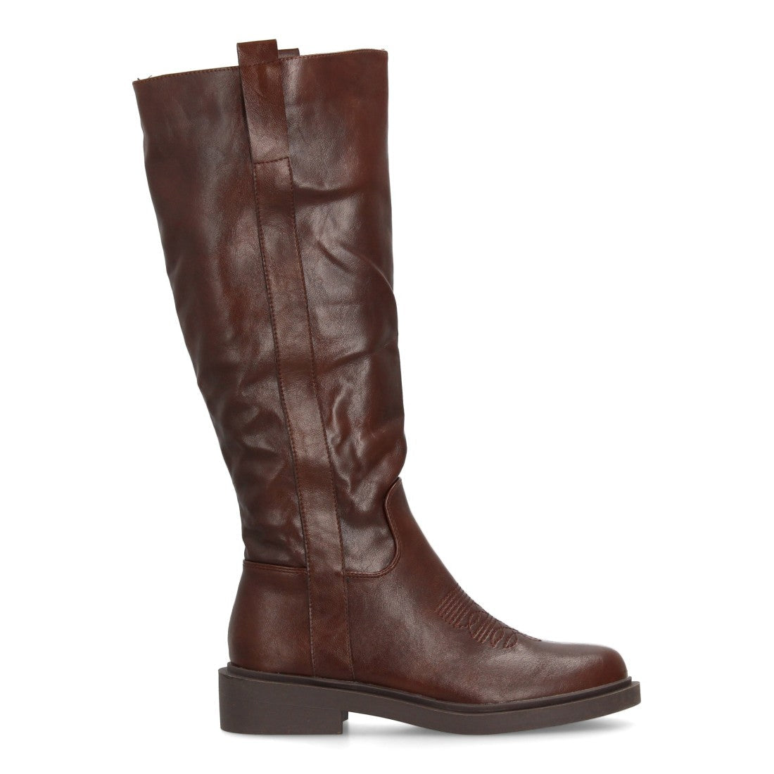 Bota alta de mujer con inspiración cowboy y detalle de bordado frontal - Café