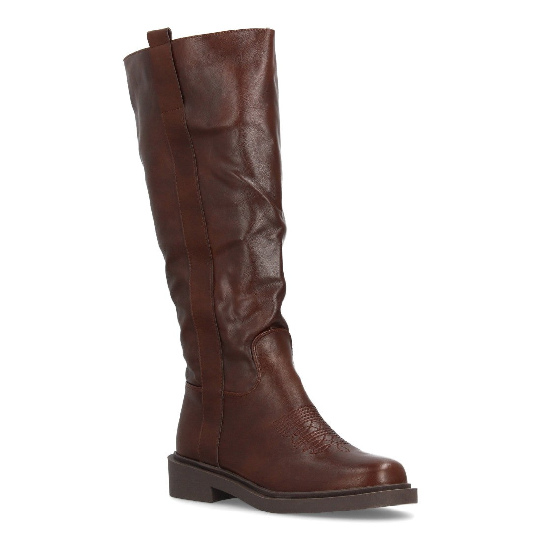 Bota alta de mujer con inspiración cowboy y detalle de bordado frontal - Café