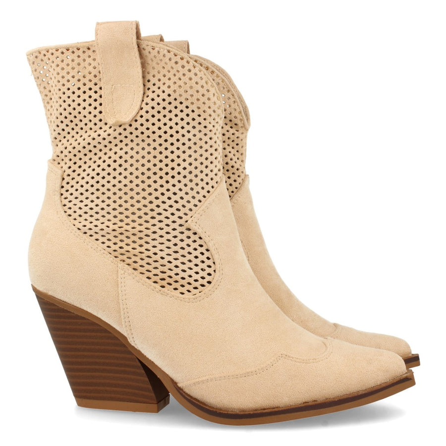 Botín de tacón de mujer con calados en caña - Beige (Ref. 1A-1565)