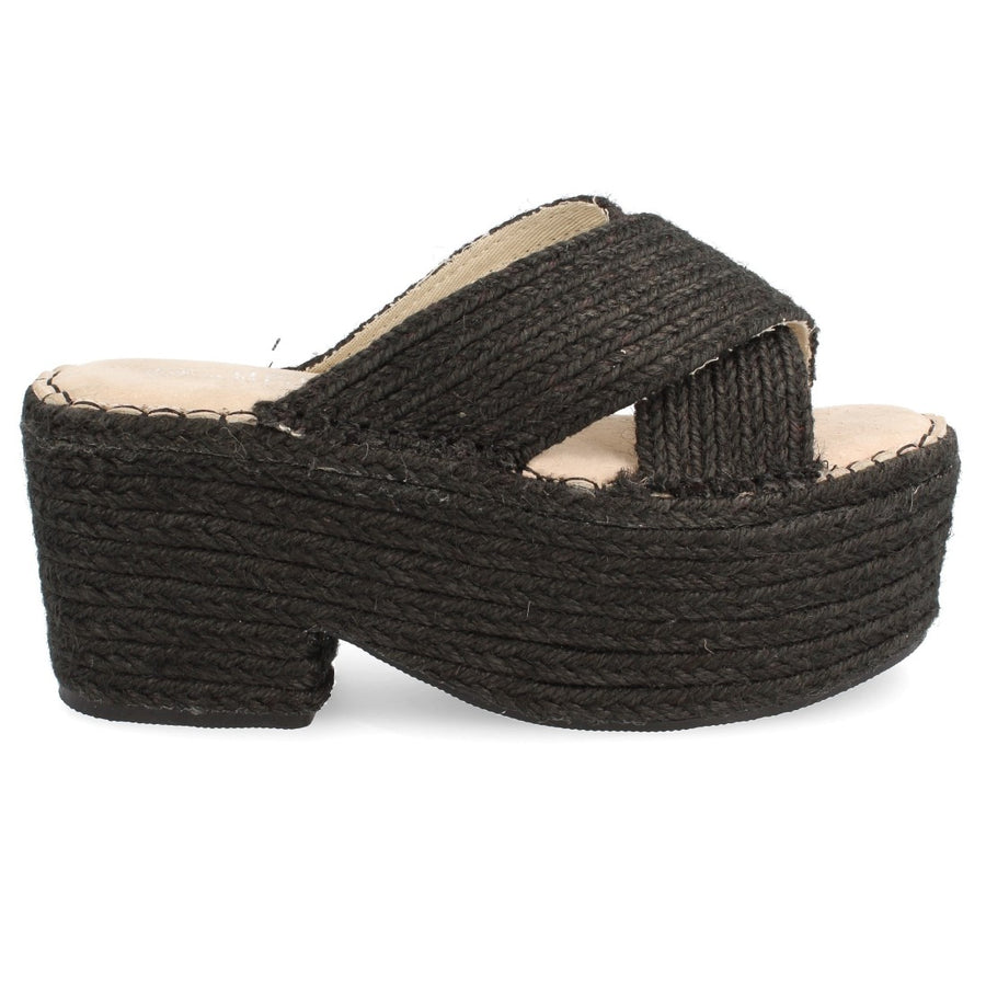 Sandalia de tacón con plataforma en yute con las palas cruzadas - Negro
