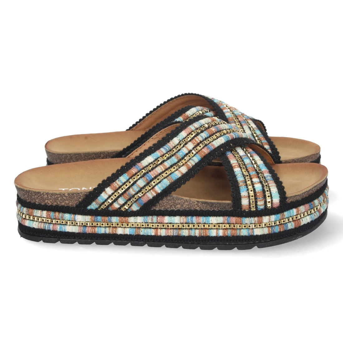 Sandalia plana de mujer con bordado multicolor
