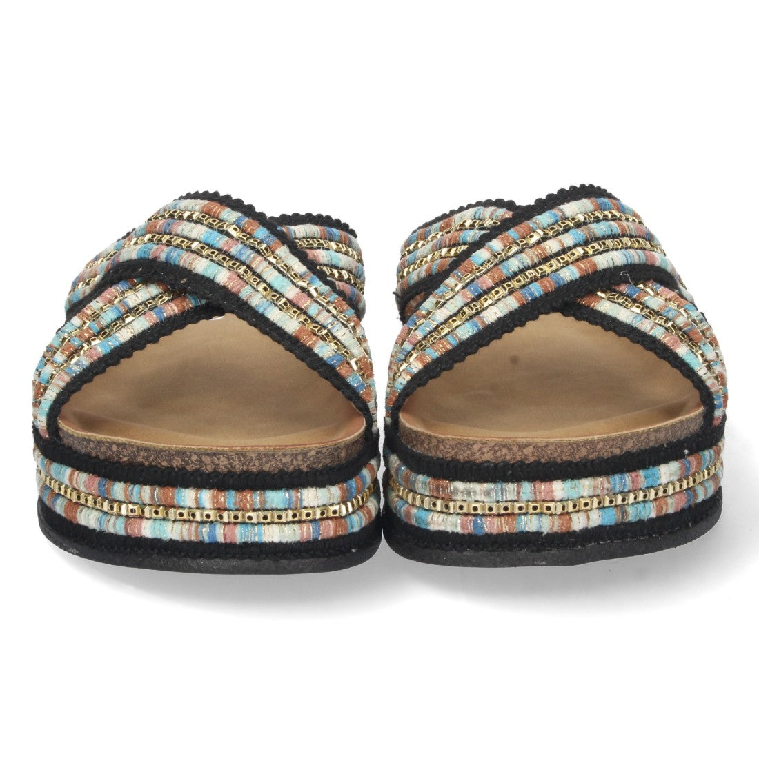 Sandalia plana de mujer con bordado multicolor