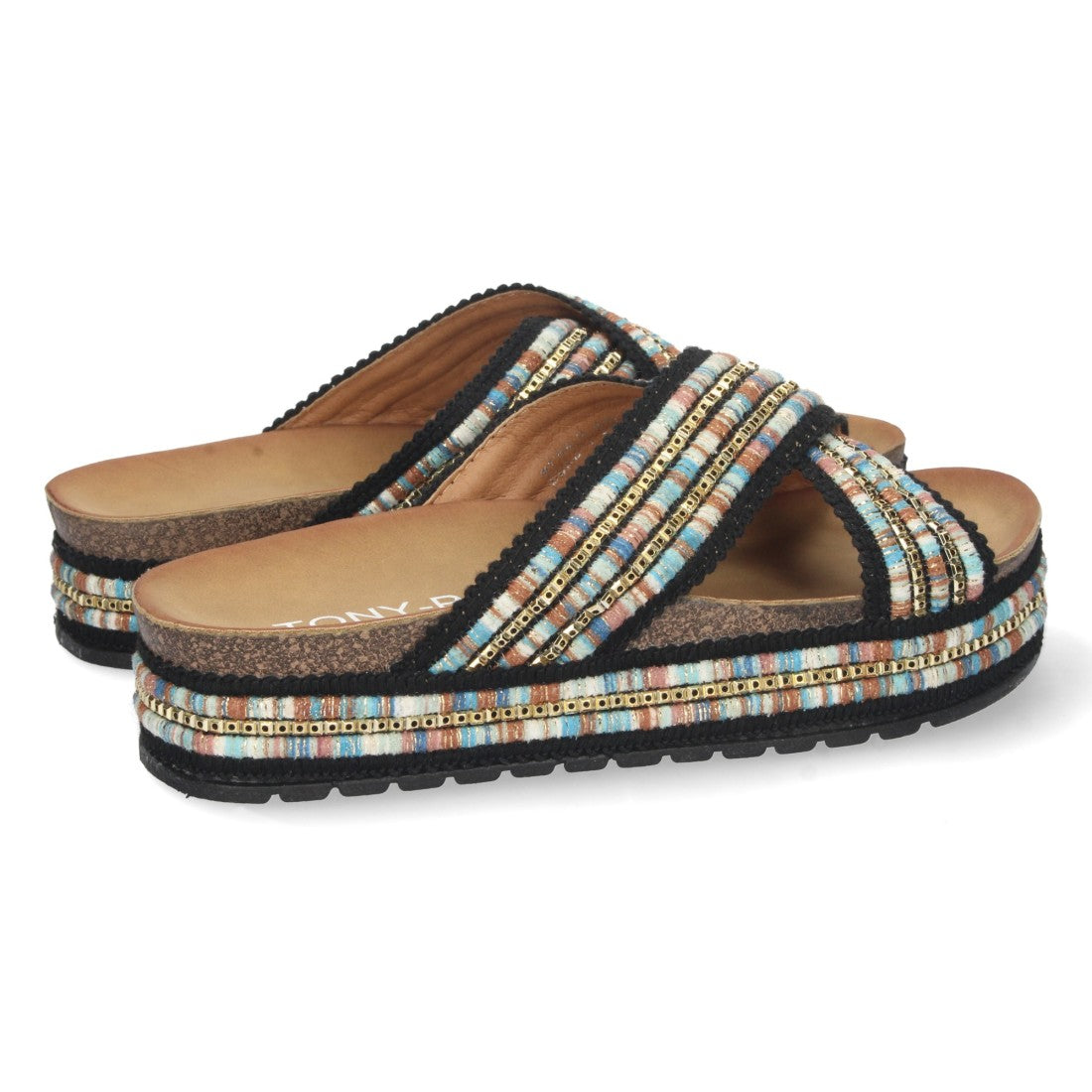 Sandalia plana de mujer con bordado multicolor