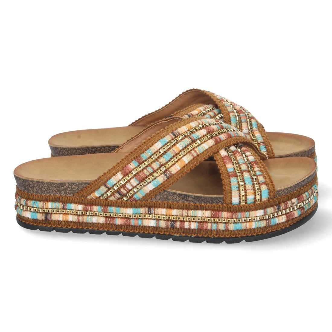 Sandalia plana de mujer con bordado multicolor