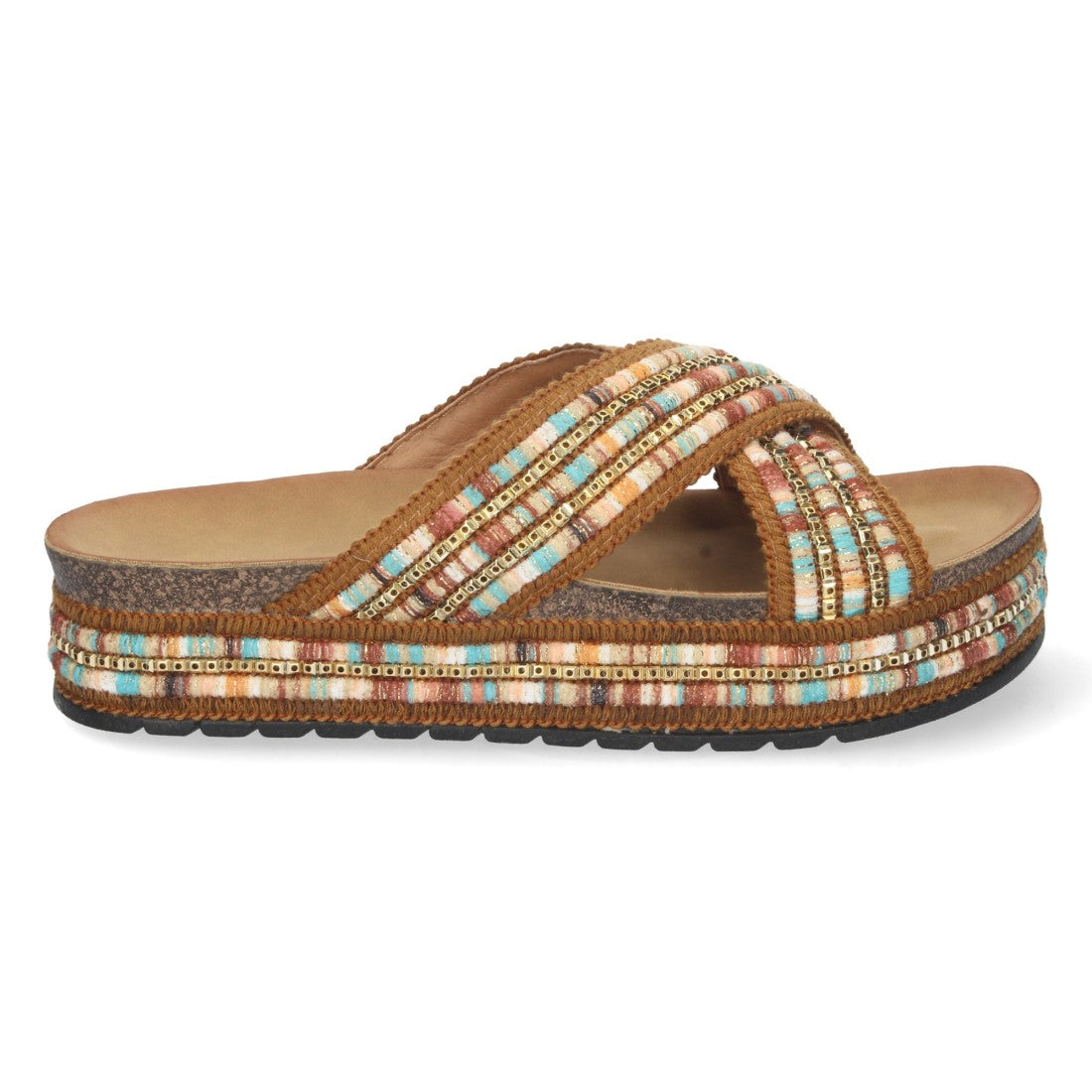Sandalia plana de mujer con bordado multicolor
