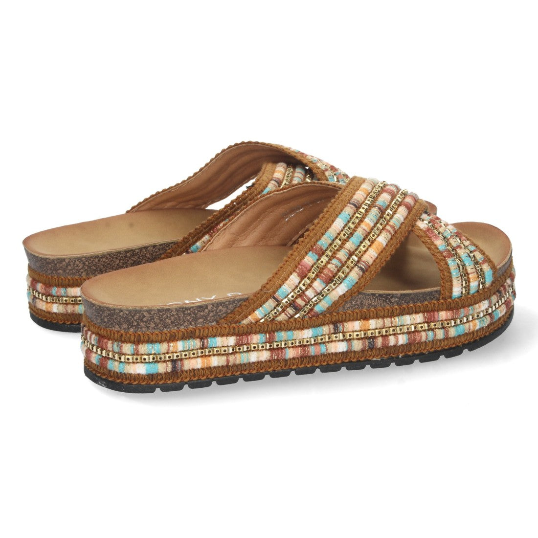 Sandalia plana de mujer con bordado multicolor