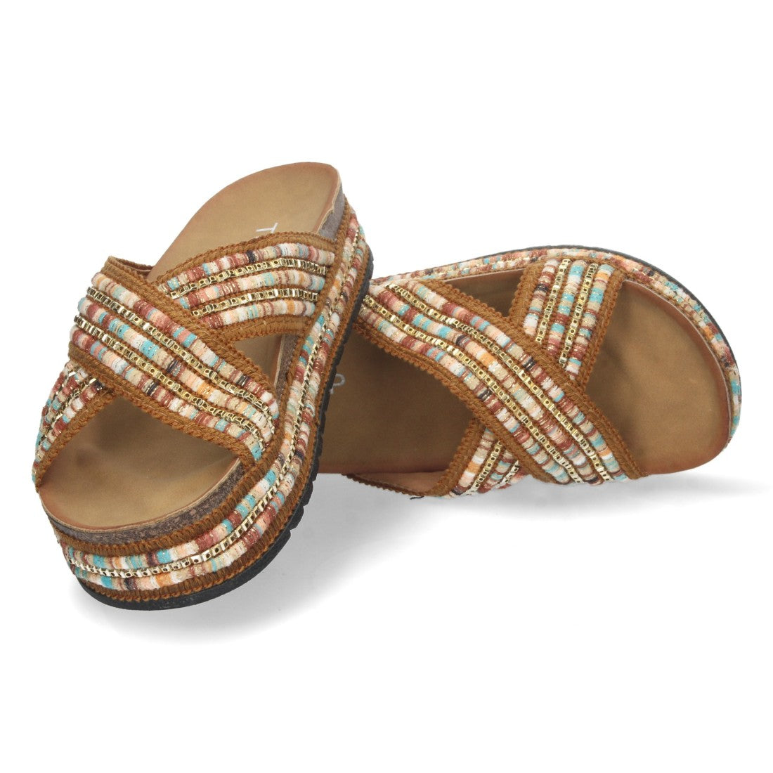 Sandalia plana de mujer con bordado multicolor