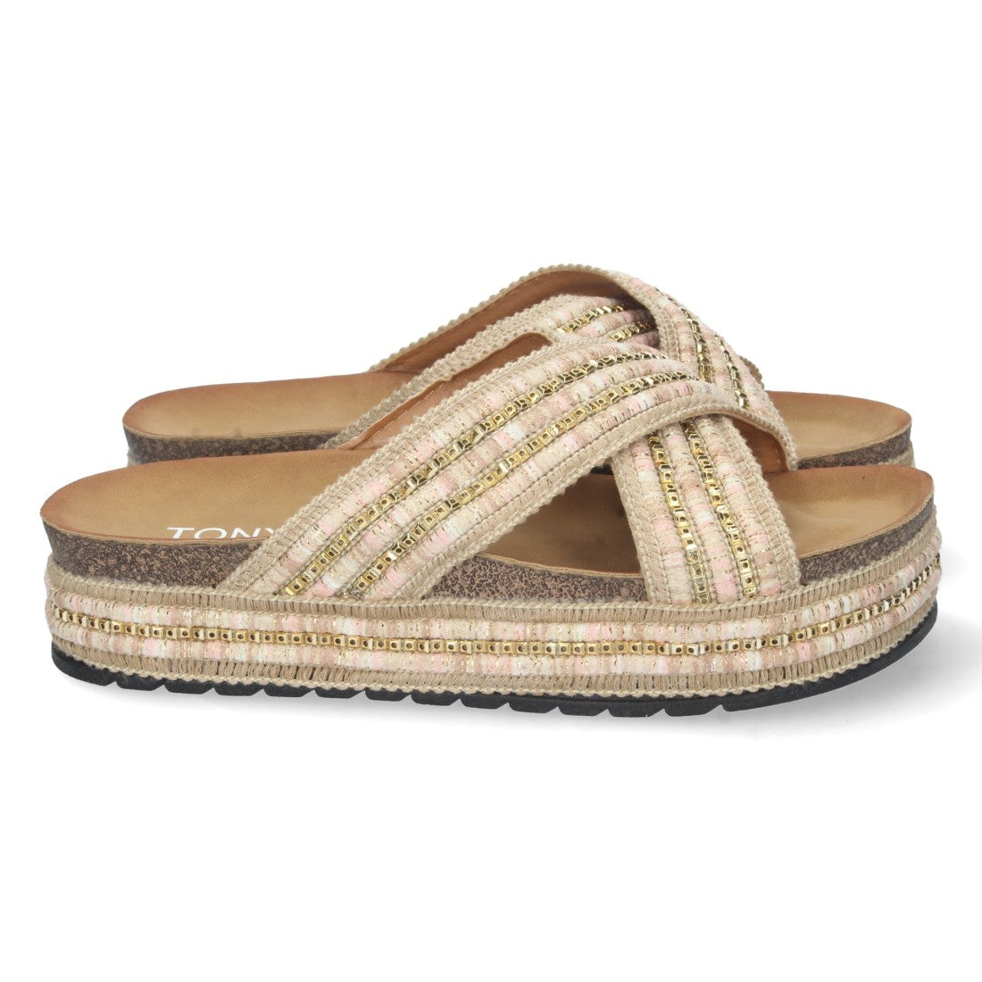 Sandalia plana de mujer con bordado multicolor