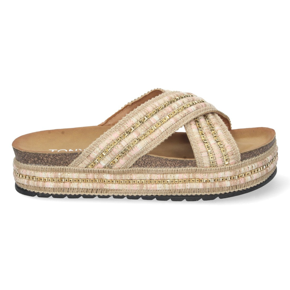 Sandalia plana de mujer con bordado multicolor