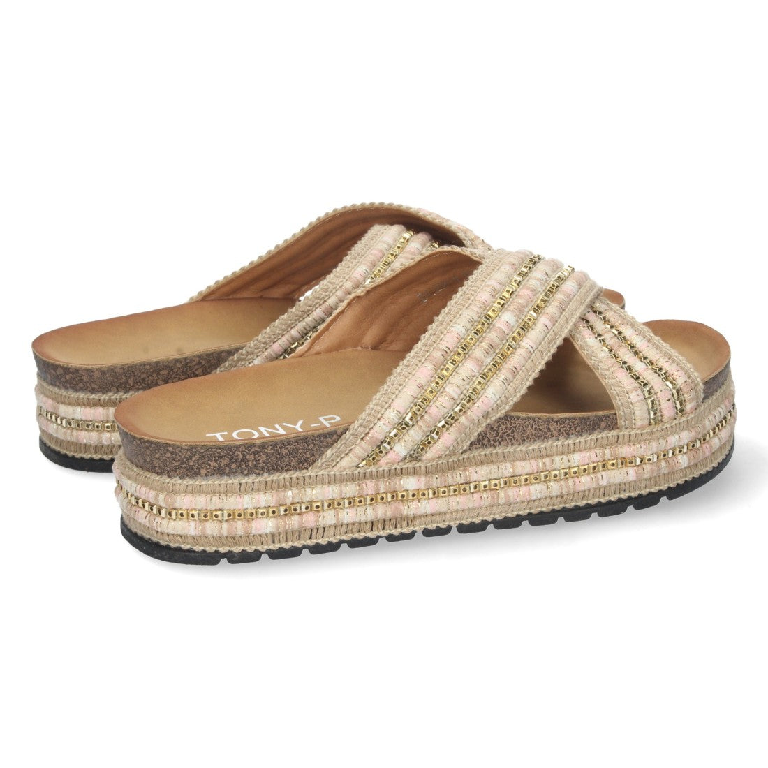 Sandalia plana de mujer con bordado multicolor