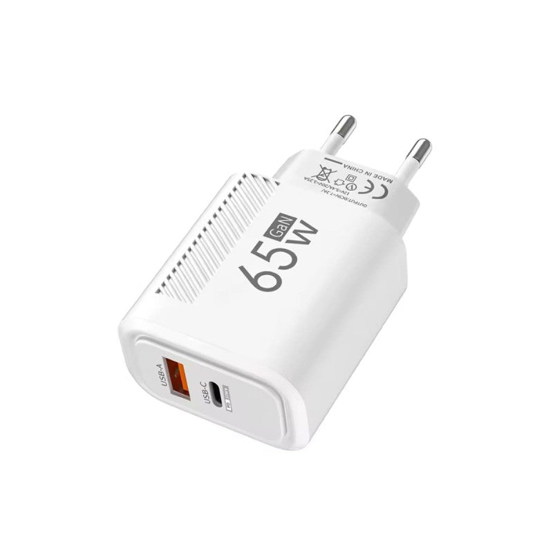 Cargador GaN 65W USB-C USB-A con carga rápida PD y QC3.0 Blanco
