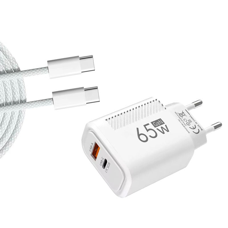 Cargador GaN 65W USB-C USB-A con carga rápida PD y QC3.0 + Cable USB-C 1m Blanco