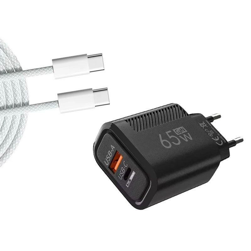 Cargador GaN 65W USB-C USB-A con carga rápida PD y QC3.0 + Cable USB-C 1m Negro