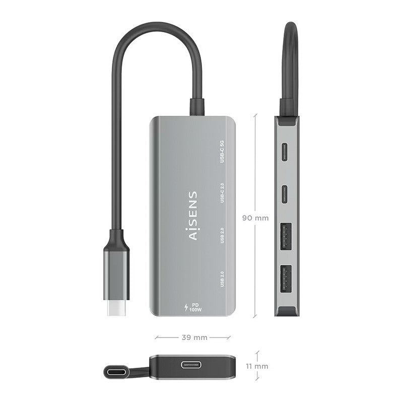 HUB USB Aisens A109-0945 1xUSB-C PD 100W 3xUSB-A, Gris, 15cm