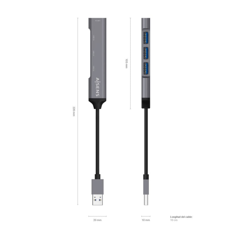 HUB USB Aisens A106-0540, 4 Puertos USB 3.0 Hembra, Gris, 10 cm