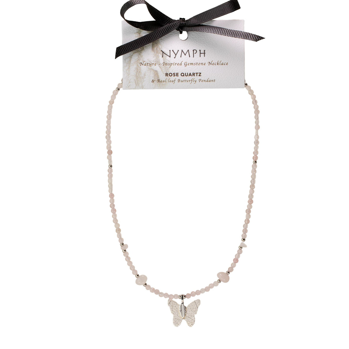 Collar de gema de cuarzo rosado Nymph con colgante de mariposa de hoja real