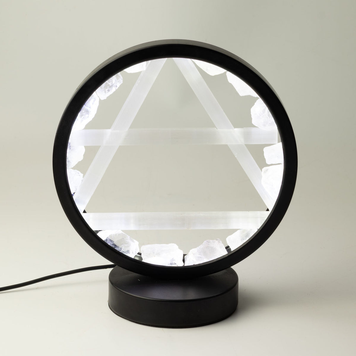 Lámpara con halo de gemas Aire – Cuarzo transparente y selenita